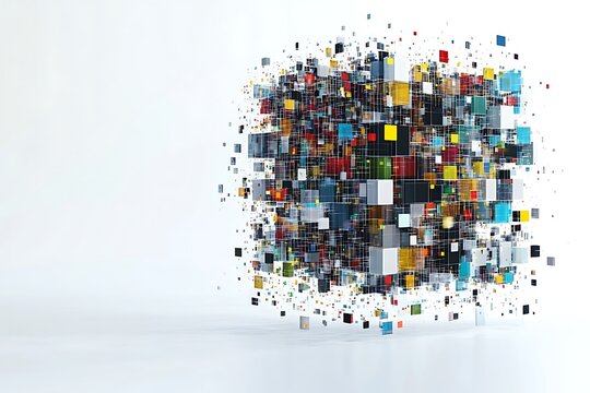 Colorful Cube Formation Composed of Smaller Squares on White Background