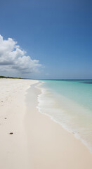 A pristine, white sand beach stretching into the distance, with calm, turquoise water gently lapping the shore. The sky is a clear, bright blue, and a few fluffy white clouds are scattered above. The 