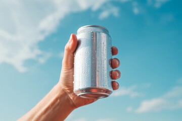  a hand holding a silver aluminum can, visibly covered in condensation, raised against a clear blue sky dotted with white clouds. 
