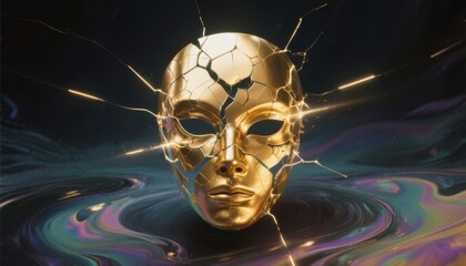 Symbolic psychology of narcissistic ego. A golden mask with cracks and glowing lines floats above a dark, iridescent surface, symbolizing fragility and hidden strength.