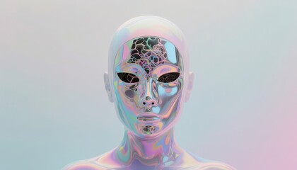Symbolic psychology of narcissistic ego. A futuristic, iridescent humanoid robot with intricate patterns, exuding a sleek, reflective surface against a soft, gradient background.