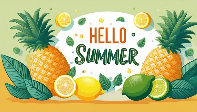 hello summer text with pineapple lemons and limes