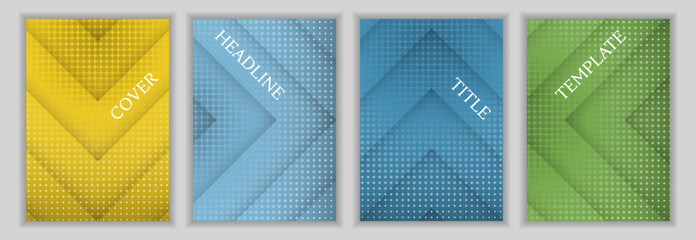 Halftone dots and arrow stripes pattern corporate cover page layout set. Modern brochures vector design. Geometric catalog covers. Announcement flyers collection.