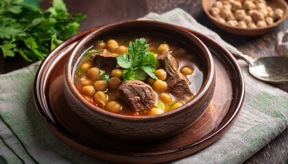 hearty shorva beef and chickpea soup served in a rustic bowl with fresh herbs creating a warm and inviting dish perfect for a cozy meal