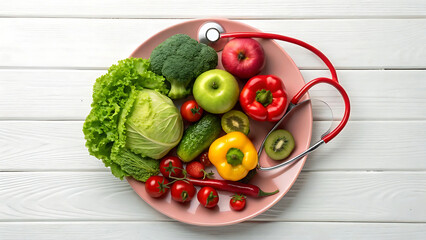 Healthy eating plate with fresh vegetables and fruits and a stethoscope symbolizing health