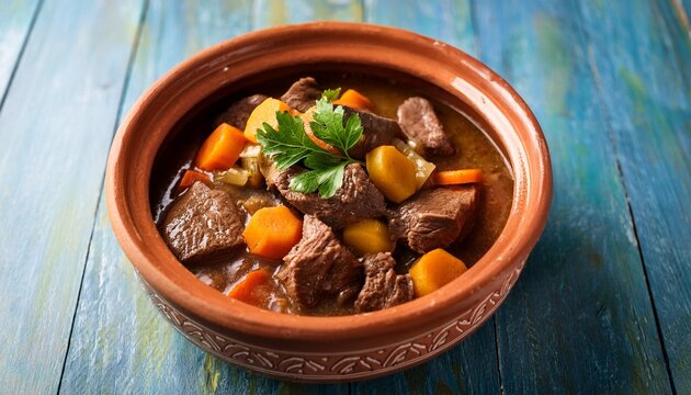 slow cooked tangia beef stew in traditional clay urn showcases rich flavors and tender meat perfect for a hearty meal at any time of day