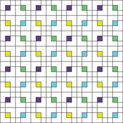 Grid of black squares on a white background, with small squares coloured in neon blue, green, yellow and purple