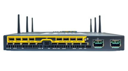 High-tech wireless router with multiple Ethernet power on white background 