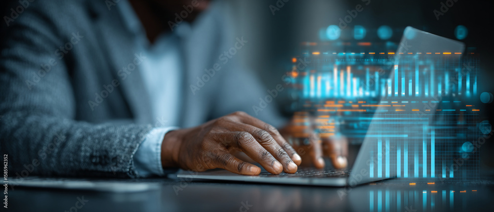 Poster man typing on a laptop with data visualization overlay in the foreground