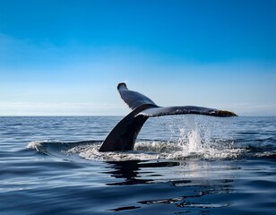 humpback whale tail splashing in calm ocean waters under clear sky
