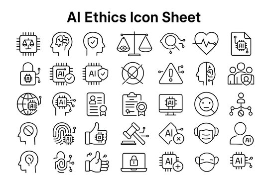AI Ethics Icon Sheet: A comprehensive collection of simple icons representing key ethical considerations, designed for diverse applications, embodying complex ideas in a clean, straightforward manner.