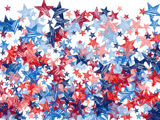 Festive USA star vector design. National holiday decoration. Unity and patriotism artwork. Scattered red blue star pattern. Ideal for greeting cards.