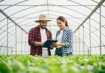 Farmers checking clipboard in greenhouse surrounded by green plants woman agriculture