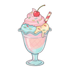 Colorful ice cream sundae with cherry and straw in glass bowl, isolated on transparent background. Summer food treat, traditional american dessert