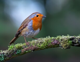 european robin erithacus rubecula perched on a branch within the noord brabant forest in the netherlands