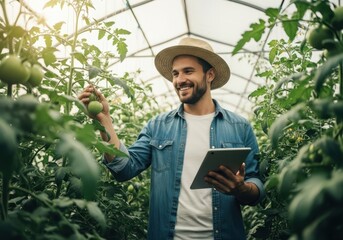 Smiling man in straw hat and denim shirt inspects tomatoes in greenhouse happy