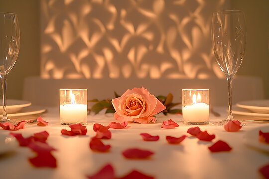 Romantic dinner setting with candles, rose, and petals for Valentine's Day celebration