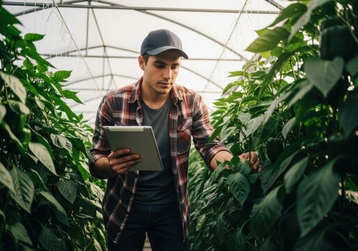 Young man in plaid shirt checks tablet in greenhouse surrounded by green plants farmer male