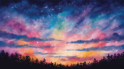 Naklejka premium Colorful cosmic sky with silhouetted trees stars clouds