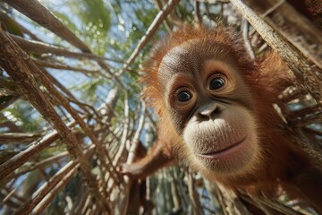 Fototapeta premium Baby orangutan swings joyfully from vines as caring mother watches closely