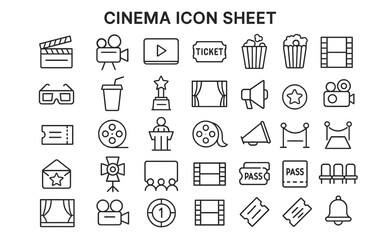 Cinema Icon Collection: A comprehensive array of meticulously crafted, single-line cinema icons, presenting a diverse collection perfect for a variety of multimedia, design, and digital projects.