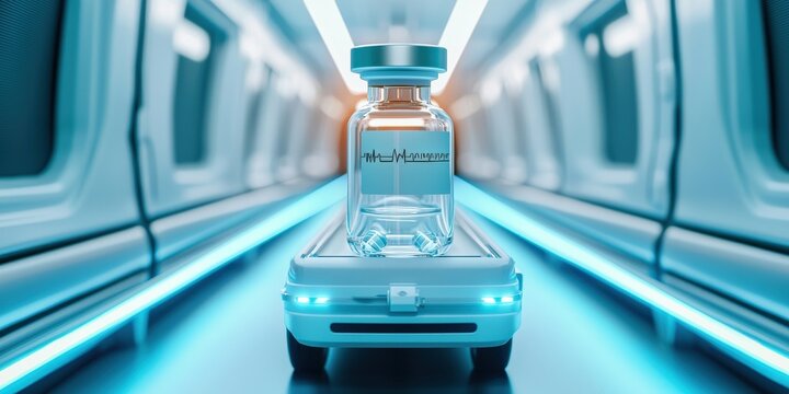 Vaccines healthcare distribution concept. Futuristic vial on a sleek transport platform in a modern corridor.