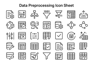 Data Preprocessing Icon Sheet: A comprehensive set of clean and precise icons that beautifully represents various facets of data transformation, cleaning, and refinement. This is a professional.
