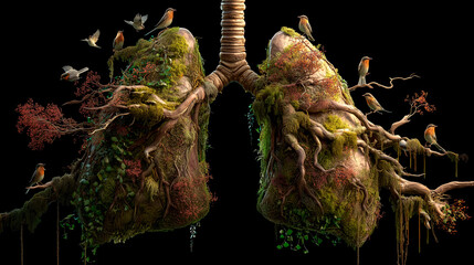 Nature-inspired 3D lungs with tree elements and birds, isolated on a black background. Left-aligned composition with space for text. Clean, photoreal, eco-concept, highly detailed.
