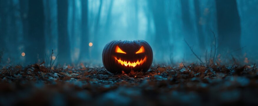 The glowing pumpkin haunting the misty forest during Halloween night.