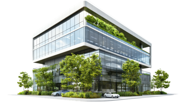 Modern office building with glass windows surrounded on white background 