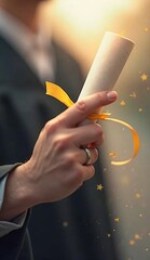 A hand holds a diploma tied with a gold ribbon as confetti falls.
