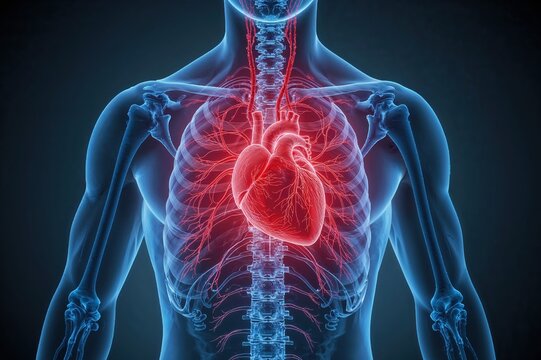 3D rendered human cardiovascular system with highlighted heart organ for medical education textbooks and healthcare professional training resources
