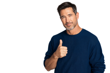 Smiling confident man showing thumbs up gesture, isolated on transparent background with copy space