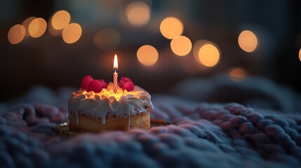 Candle lit birthday cake on a textured fabric blanket bokeh lights