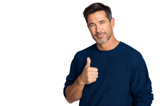 Smiling confident man showing thumbs up gesture, isolated on transparent background with copy space