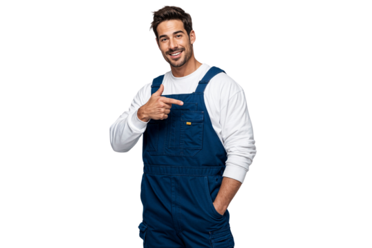 Smiling male worker in blue overalls and white shirt, pointing to himself on transparent background with copy space