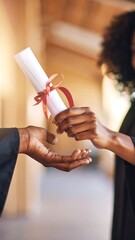 Close-up of hands exchanging a diploma at a graduation ceremony