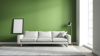 Contemporary living space with a green accent wall, modern furniture, and uncluttered aesthetic.