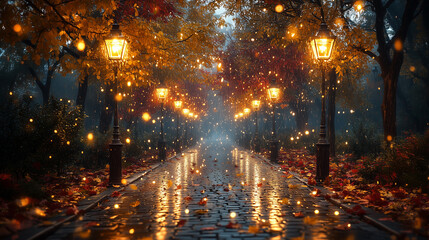 Magical rainy autumn night park with glowing lanterns, wet cobblestone path, falling leaves, and golden fantasy rain. Dreamlike photorealistic digital painting