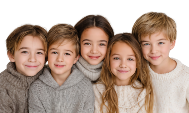 Cheerful group of diverse children, including boys and girls, smiling and looking at the camera together