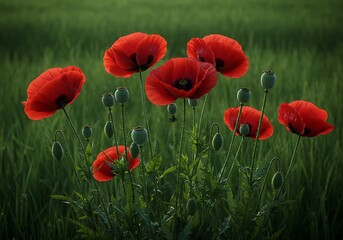 Obraz premium Vivid Red Poppies Blooming in Lush Green Meadow at Sunrise, Close Up Botanical Nature Photography