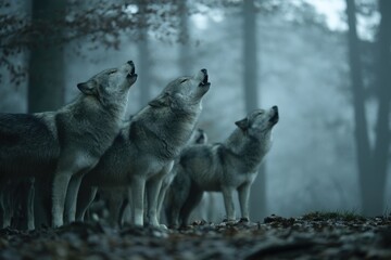 Obraz premium Wolves howl into the evening mist of a dense forest at twilight