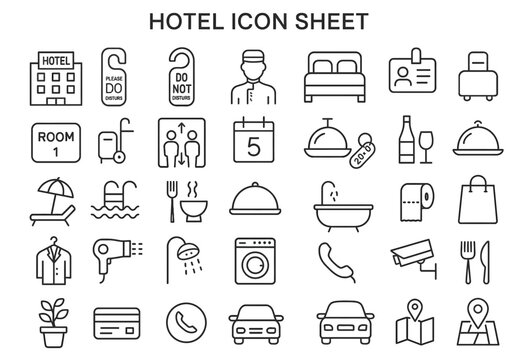 Hotel Icon Sheet: A meticulously crafted collection of hotel-themed icons, designed with precision and clarity, offering a comprehensive visual guide to various aspects of hospitality and travel.