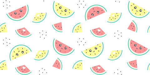 Red and yellow watermelon slices with a cute face and a carved heart on a white background with seeds. Colorful endless texture with kawaii summer fruit. Vector seamless pattern for surface texture
