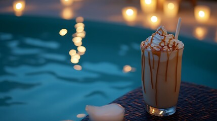 Naklejka premium Caramel drizzled milkshake with whipped cream near a candlelit serene pool