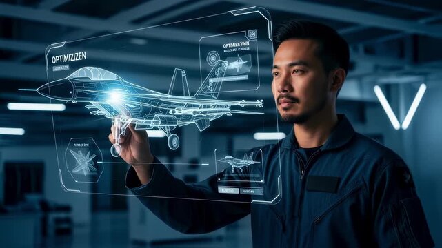 Professional aerospace engineer interacting with a holographic augmented reality user interface, manipulating a 3d model of a jet fighter in a research facility