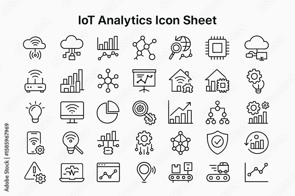 Poster iot analytics icon set: a comprehensive set of iot analytics icons in black line style, covering clo