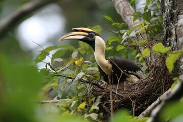 Hornbill guardian watches over its nest high in the jungle canopy