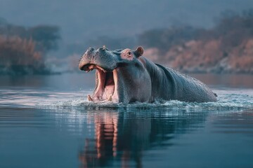 Fototapeta premium Wide yawn of a hippo as it rests in tranquil waters at dawn
