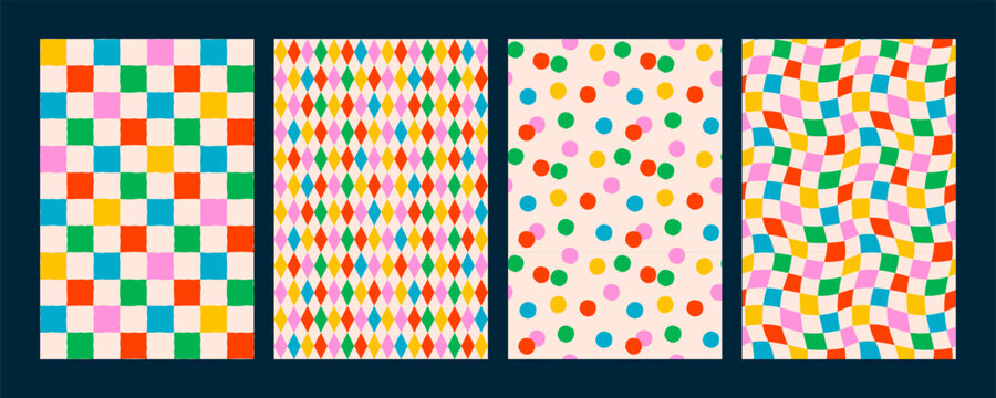 Colorful seamless pattern set with checkered, diamond, dot, and wavy checker designs. Retro confetti pattern background with bright abstract vector elements. Perfect for wrapping paper and fabric